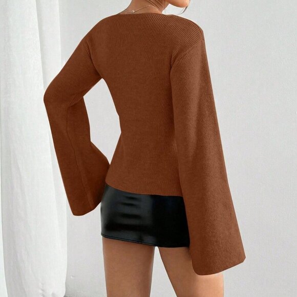 Brown Casual Women's Button Front Long Sleeve knit cardigan - Picture 2 of 7